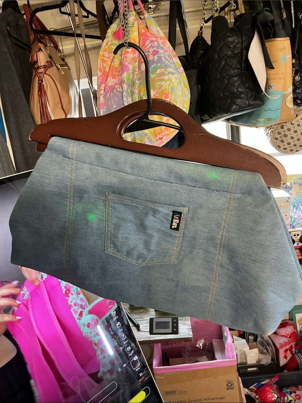 Vintage Light Blue Denim bag with Patch Pocket and wooden handles